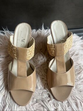 AGL Tan Patent & Woven Strap Slide Mules